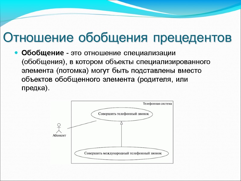 Отношение обобщения прецедентов Обобщение - это отношение специализации (обобщения), в котором объекты специализированного элемента